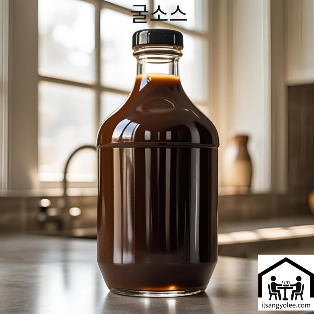 투명한 유리병에 담겨 진한 갈색을 띠는 걸쭉한 굴소스
