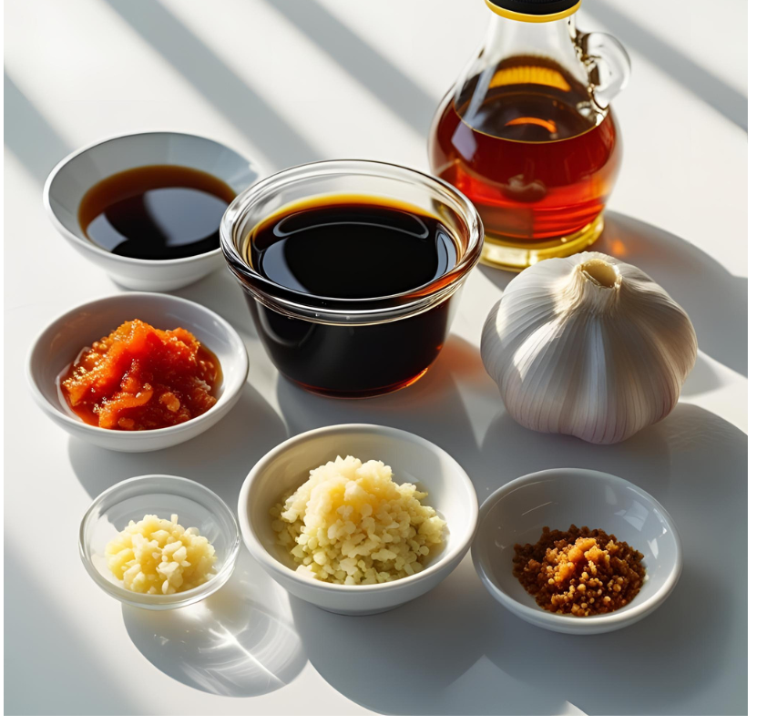 북어조림양념의 핵심 재료들: 간장, 고춧가루, 마늘, 생강 등