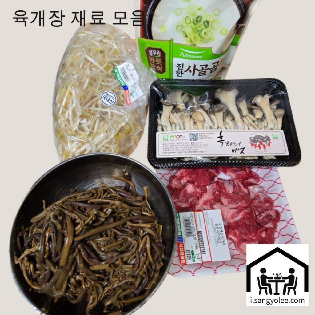 소고기 육개장 레시피 시작전, 신선하게 손질된 소고기, 대파, 숙주, 고사리, 느타리버섯, 배추 우거지 재료 클로즈업