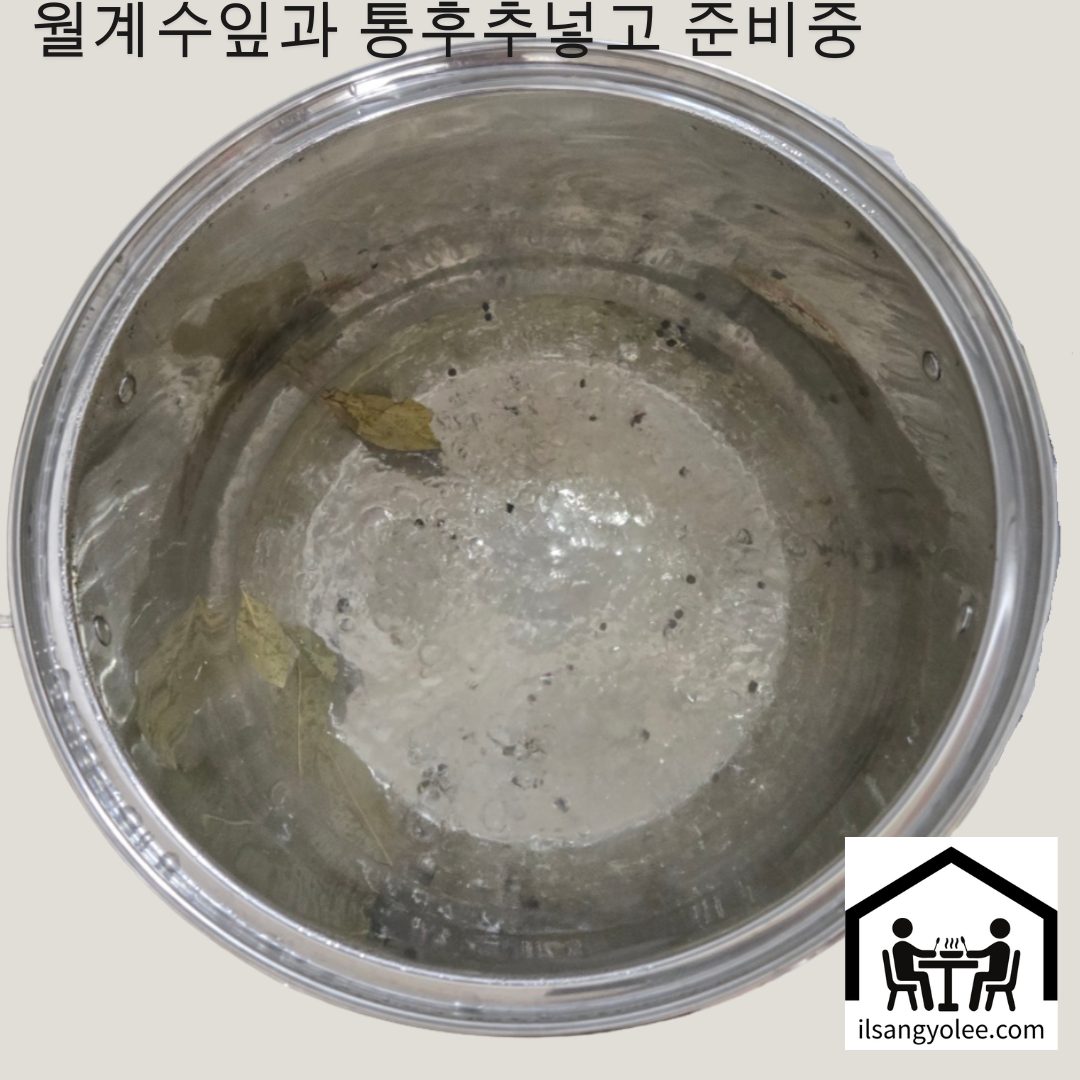 물과 월계수잎, 통후추가 들어있는 냄비