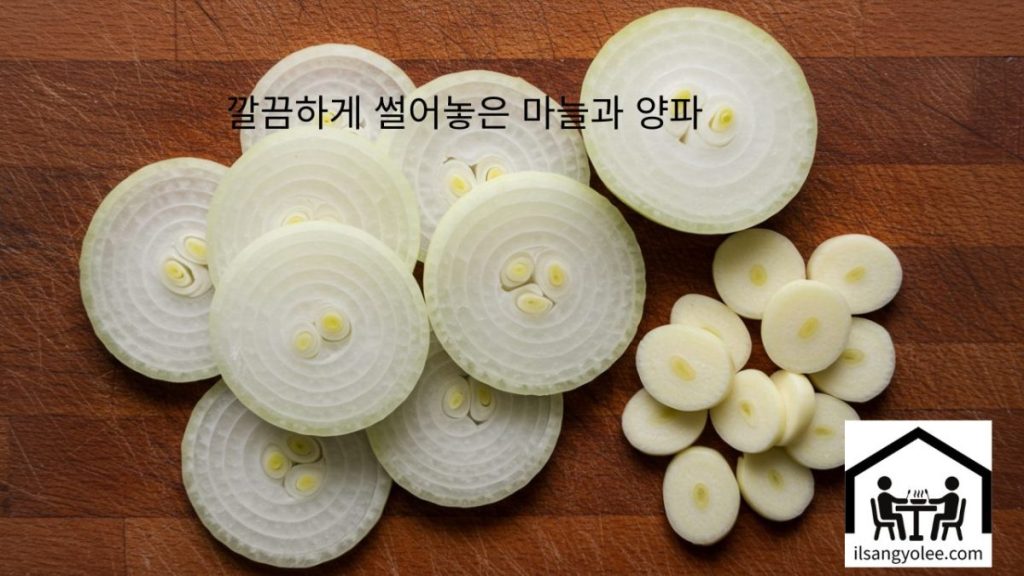 신선하게 손질된 편 마늘과 채 썬 양파 클로즈업